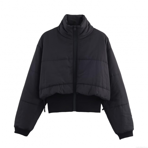 Women's Solid Black Cropped Puffer Jacket Stand Collar Quilted Cotton Padded Coat With Drawstring Hem Zipper Closure Winter Warm Outerwear For Women Women's Solid Black Cropped Puffer Jacket Stand Collar Quilted Cotton Padded Coat With Drawstring Hem Zipper Closure Winter Warm Outerwear For Women