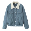 Women's Corduroy Quilted Padded Jacket Contrast Collar Retro Casual Button Down Coat With Pockets Autumn Winter Outerwear