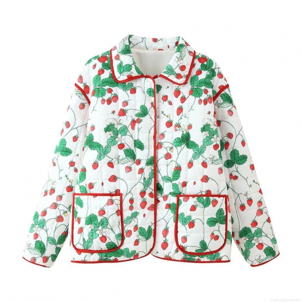 Women's Vintage Quilted Cotton Jacket Strawberry Print Warm Outerwear Long Sleeve Button Down Coat With Pockets For Autumn Winter Women's Vintage Quilted Cotton Jacket Strawberry Print Warm Outerwear Long Sleeve Button Down Coat With Pockets For Autumn Winter