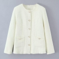 Women's Elegant Tweed Padded Jacket Vintage Round Neck Single Breasted Coat With Pearl Buttons Warm Woven Outerwear For Daily Date Lady