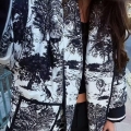 Women's Retro Toile de Jouy Print Quilted Jacket French Vintage Padded Coat Lapel Loose Long Sleeve Outerwear For Autumn Winter
