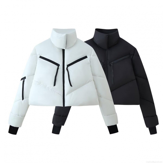 Women European Street Style Stand Collar Long Sleeve Cotton Padded Jacket Loose Fit Contrast Zipper Winter Warm Puffer Coat With Pockets Women European Street Style Stand Collar Long Sleeve Cotton Padded Jacket Loose Fit Contrast Zipper Winter Warm Puffer Coat With Pockets