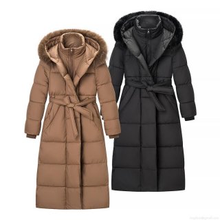 Women's Long Puffer Jacket Faux Fur Collar Hooded Warm Windproof Quilted Winter Coat For Ladies Solid Color Streetwear Outerwear With Waist Belt Women's Long Puffer Jacket Faux Fur Collar Hooded Warm Windproof Quilted Winter Coat For Ladies Solid Color Streetwear Outerwear With Waist Belt