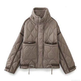 Women's Quilted Jacket 100% Polyester Wave Pattern Stand Collar With Utility Pockets Drawstring Hem Casual Warm Streetwear Lightweight Puffer Coat For Ladies