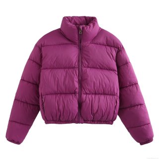 Women Short Puffer Jacket Stand Collar Quilted Polyester Down Cotton Winter Padded Coat Casual Y2K Streetwear Long Sleeve Zipper Bread Jacket Warm Outerwear