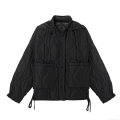 Women's Casual Wave Quilted Hooded Jacket Fashionable Faux Silk Cotton Padded Coat With Large Pockets And Drawstring Hem Warm Windproof Autumn Winter Outerwear For Ladies