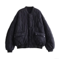 Women Loose Quilted Bomber Jacket Oversized Wavy Padded Cotton Coat With Ribbed Trim Snap Button Pocket Outerwear For Winter Fall Streetwear Lady Casual Padded Jacket Women Loose Quilted Bomber Jacket Oversized Wavy Padded Cotton Coat With Ribbed Trim Snap Button Pocket Outerwear For Winter Fall Streetwear Lady Casual Padded Jacket