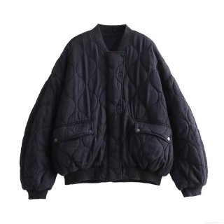 Women Loose Quilted Bomber Jacket Oversized Wavy Padded Cotton Coat With Ribbed Trim Snap Button Pocket Outerwear For Winter Fall Streetwear Lady Casual Padded Jacket
