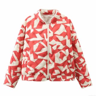 Women's Geometric Pattern Padded Jacket Streetwear Stand Collar Quilted Short Puffer Coat With Zip Closure Polyester Filling Warm Outerwear For Winter Autumn Women