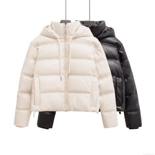 Women's Faux Leather Quilted Puffer Jacket Hooded Winter Padded Coat Warm Windproof Zip Up Short Outerwear Street Style Lady Fashion Coat Women's Faux Leather Quilted Puffer Jacket Hooded Winter Padded Coat Warm Windproof Zip Up Short Outerwear Street Style Lady Fashion Coat
