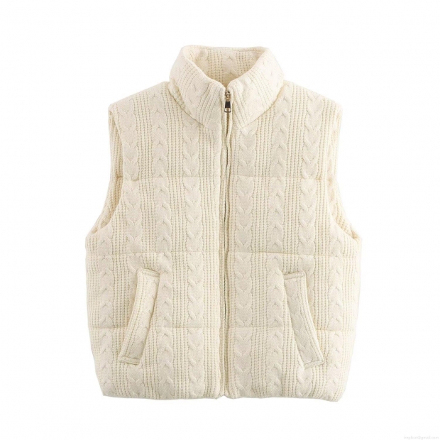 Women's Fashion Cable Knit Padded Vest Stand Collar Sleeveless Zip Up Puffer Gilet Solid Color Warm Waistcoat With Pockets Streetwear Outwear for Ladies Women's Fashion Cable Knit Padded Vest Stand Collar Sleeveless Zip Up Puffer Gilet Solid Color Warm Waistcoat With Pockets Streetwear Outwear for Ladies