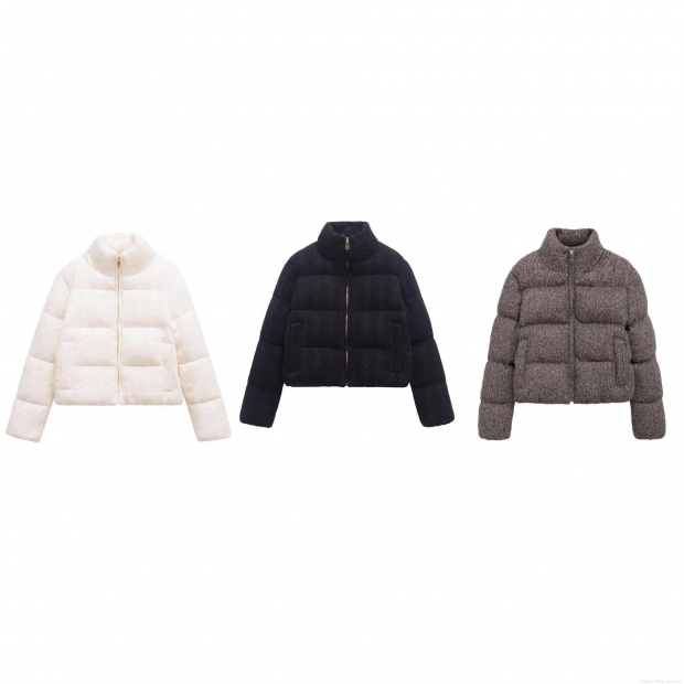 Women's Short Puffer Jacket Knit Texture Stand Collar Zipper Casual Warm Cotton Padded Coat Solid Color Polyester Outwear For Winter Spring Streetwear Women's Short Puffer Jacket Knit Texture Stand Collar Zipper Casual Warm Cotton Padded Coat Solid Color Polyester Outwear For Winter Spring Streetwear