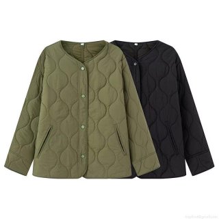 Women's Lightweight Quilted Padded Jacket Round Neck Long Sleeve Side Slit Loose Fit Solid Color Cotton Coat Casual Winter Warm Outerwear
