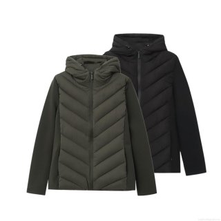 Women's Winter Hooded Spliced Puffer Jacket Warm Polyester Shell Synthetic Cotton Filling Coat With Drawstring Pockets Street Style Windproof Outerwear