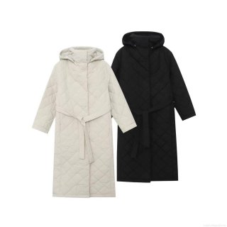 Women Long Hooded Diamond Quilted Puffer Coat With Belt Solid Color Polyester Padded Winter Jacket Warm Streetwear Outerwear For Women Women Long Hooded Diamond Quilted Puffer Coat With Belt Solid Color Polyester Padded Winter Jacket Warm Streetwear Outerwear For Women