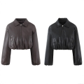 Women's PU Leather Short Padded Jacket Western Street Style Lapel Long Sleeve Cropped Winter Coat With Zipper And Pockets For Female