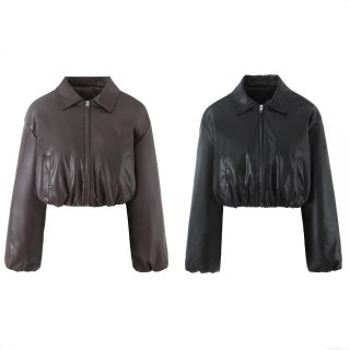 Women's PU Leather Short Padded Jacket Western Street Style Lapel Long Sleeve Cropped Winter Coat With Zipper And Pockets For Female Women's PU Leather Short Padded Jacket Western Street Style Lapel Long Sleeve Cropped Winter Coat With Zipper And Pockets For Female