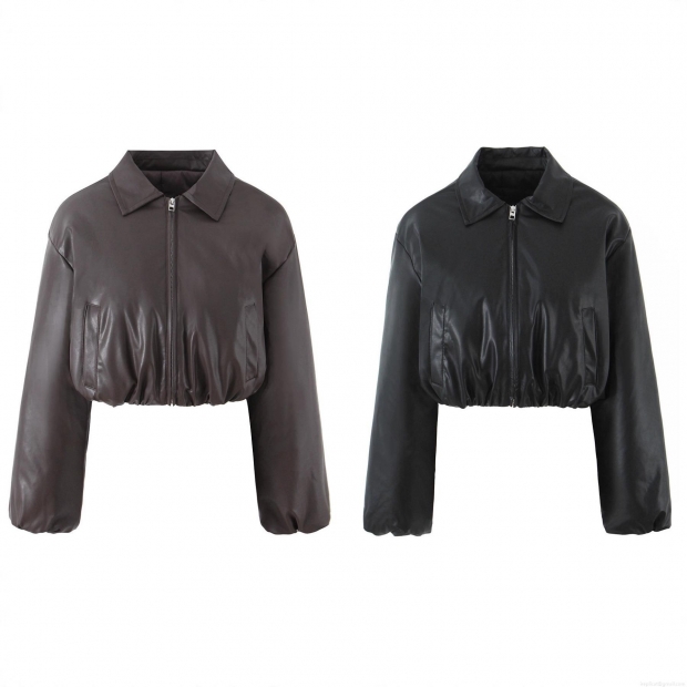 Women's PU Leather Short Padded Jacket Western Street Style Lapel Long Sleeve Cropped Winter Coat With Zipper And Pockets For Female Women's PU Leather Short Padded Jacket Western Street Style Lapel Long Sleeve Cropped Winter Coat With Zipper And Pockets For Female