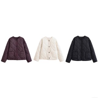 Women Quilted Rhombus Pattern Lightweight Jacket 100% Polyester Single Breasted Round Neck Puffer Coat For Autumn Winter Streetwear Casual Lady
