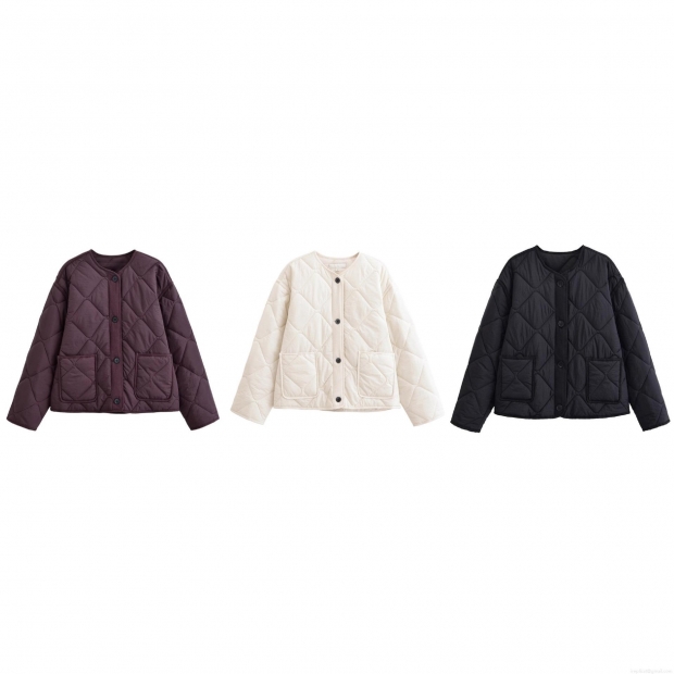 Women Quilted Rhombus Pattern Lightweight Jacket 100% Polyester Single Breasted Round Neck Puffer Coat For Autumn Winter Streetwear Casual Lady