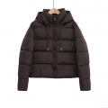Women's Espresso Brown Hooded Padded Jacket Horizontal Quilted Zip Up Long Sleeve Warm Winter Puffer Coat With Drawstring Hood Ribbed Cuffs Casual Streetwear Outdoor Outerwear
