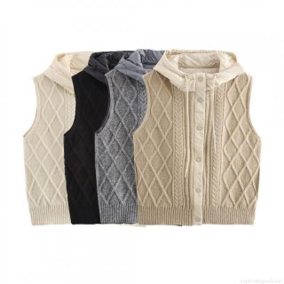 Women Retro Cable Knit Padded Spliced Hooded Vest Cardigan Winter Warm Diamond Quilted Knitwear Gilet Sleeveless Jacket For Women Women Retro Cable Knit Padded Spliced Hooded Vest Cardigan Winter Warm Diamond Quilted Knitwear Gilet Sleeveless Jacket For Women