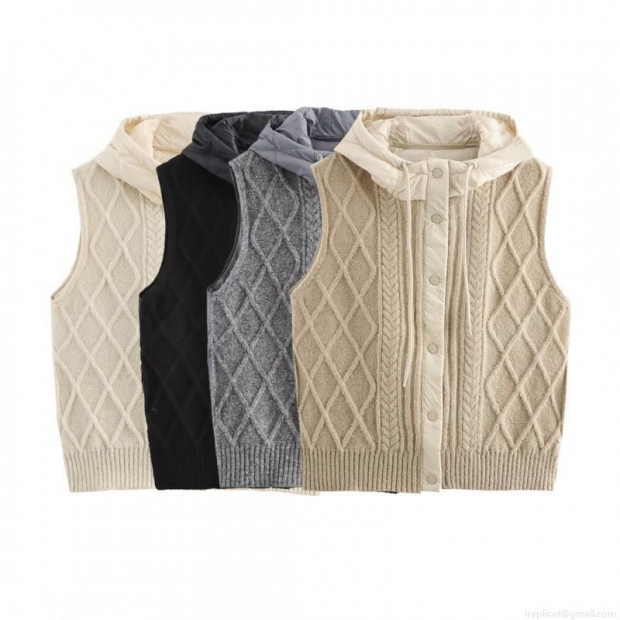 Women Retro Cable Knit Padded Spliced Hooded Vest Cardigan Winter Warm Diamond Quilted Knitwear Gilet Sleeveless Jacket For Women Women Retro Cable Knit Padded Spliced Hooded Vest Cardigan Winter Warm Diamond Quilted Knitwear Gilet Sleeveless Jacket For Women