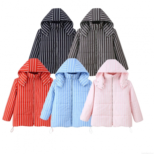 Women's Striped Hooded Padded Jacket Windproof Warm Polyester Outerwear For Autumn Winter Streetwear Casual Padded Coat With Drawstring Women's Striped Hooded Padded Jacket Windproof Warm Polyester Outerwear For Autumn Winter Streetwear Casual Padded Coat With Drawstring