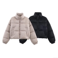 Women's Casual Loose Stand Collar Puffer Jacket Short Quilted Cotton-Padded Coat With Zipper Pockets Warm Windproof Autumn Winter Outerwear