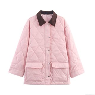Women's Pink Diamond Quilted Jacket With Brown Corduroy Collar Fashion Thickened Nylon Padded Outerwear Long Sleeve Casual Coat For Autumn Winter