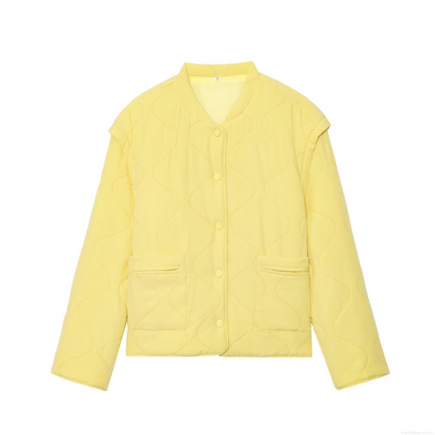 Women's Casual Wave Quilted Padded Jacket Loose Round Neck Long Sleeve Lightweight Cotton Coat With Pockets Yellow Autumn Winter Women's Casual Wave Quilted Padded Jacket Loose Round Neck Long Sleeve Lightweight Cotton Coat With Pockets Yellow Autumn Winter