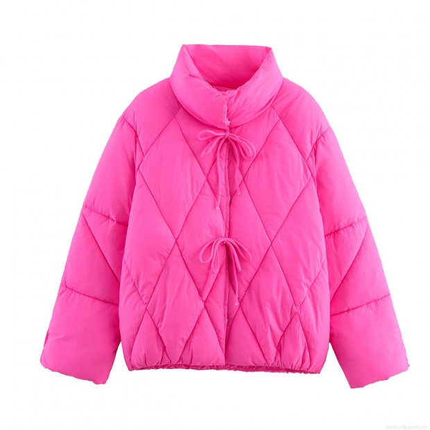 Women Sweet Pink Rhombus Quilted Padded Jacket Fashion Stand Collar Bow Tie Decoration Loose Short Winter Cotton Coat For Daily Wear Women Sweet Pink Rhombus Quilted Padded Jacket Fashion Stand Collar Bow Tie Decoration Loose Short Winter Cotton Coat For Daily Wear