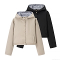 Women's Fashion Casual Hooded Padded Jacket Plaid Lining Metal Buttons Warm Autumn Winter Short Coat Outerwear