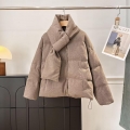 Women's Winter Puffy Padded Jacket With Detachable Scarf Solid Color Quilted Warm Thick Cotton Coat Loose Casual Outerwear Camel