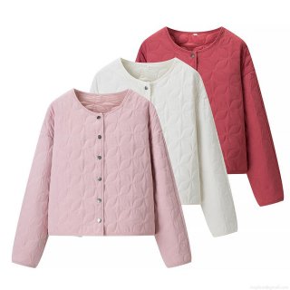 Women Round Neck Quilted Jacket Fashion Casual Loose Floral Quilted Light Padded Winter Coat With Metal Snap Buttons For Daily Wear Women Round Neck Quilted Jacket Fashion Casual Loose Floral Quilted Light Padded Winter Coat With Metal Snap Buttons For Daily Wear