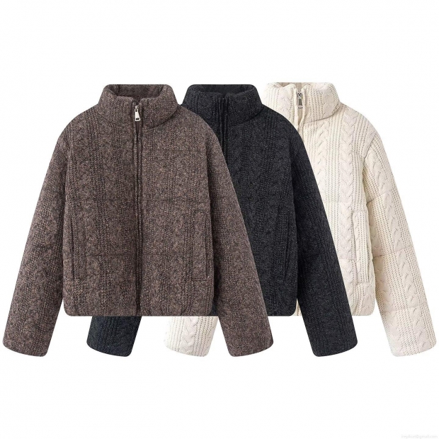 Women's Knit Texture Puffer Jacket Warm Cotton Padded Coat With Stand Collar Zip Up Thick Cable Knit Outerwear For Winter Casual Lady