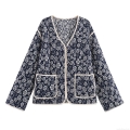 Women's Vintage Floral Quilted Jacket V-Neck Single Breasted Padded Coat Retro Lightweight Winter Outerwear For Women Casual Warm Puffer Jacket