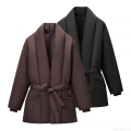 Women's Casual Polyester Solid Color Mid-length Puffer Cotton-padded Jacket With Polyester Cotton Filling Waist Tie Shawl Collar Warm Winter Outerwear