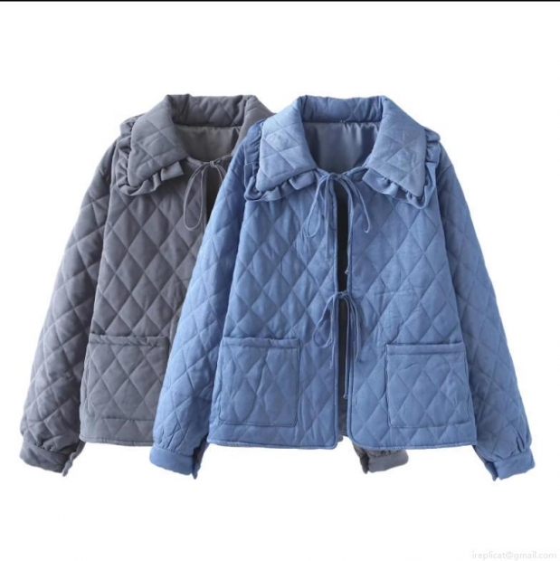 Women's Lightweight Diamond Quilted Jacket With Ruffle Collar Casual Loose Tie-up Padded Coat Cotton Blend Long Sleeve Outerwear For Autumn Winter Women's Lightweight Diamond Quilted Jacket With Ruffle Collar Casual Loose Tie-up Padded Coat Cotton Blend Long Sleeve Outerwear For Autumn Winter