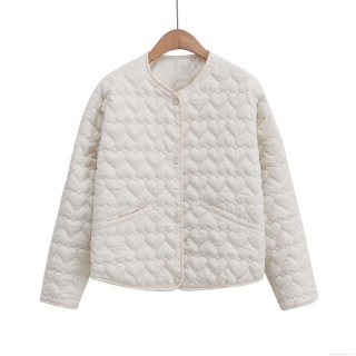 Women's Heart Quilted Cotton Padded Jacket Lightweight Round Neck Button Down Casual Loose Outerwear Coat For Winter Fall