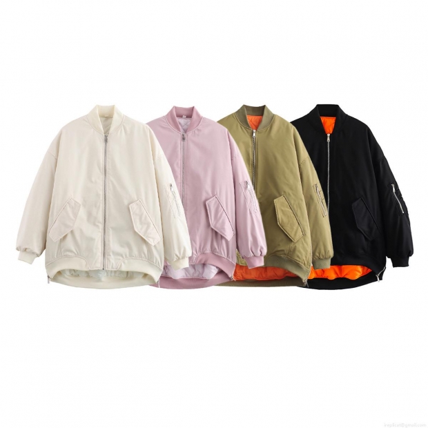 Women's Loose MA-1 Flight Bomber Jacket Padded Cotton Coat With Pocket Windproof Casual Streetwear Outerwear For Autumn Winter Women's Loose MA-1 Flight Bomber Jacket Padded Cotton Coat With Pocket Windproof Casual Streetwear Outerwear For Autumn Winter