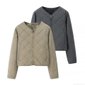 Women's Vintage Ethnic Style Rhombic Quilted Jacket Lightweight Cotton Padded Coat Retro Round Neck Zip Up Outerwear For Autumn Winter Casual Daily Wear