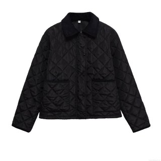 Women's Casual Diamond Quilted Cotton Padded Jacket With Corduroy Collar Vintage Short Long Sleeve Warm Outerwear Snap Button Puffer Coat For Autumn Winter Fashion Women Women's Casual Diamond Quilted Cotton Padded Jacket With Corduroy Collar Vintage Short Long Sleeve Warm Outerwear Snap Button Puffer Coat For Autumn Winter Fashion Women