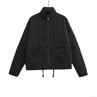 Women Stand Collar Quilted Jacket Zipper Pockets Drawstring Hem Polyester Cotton Blend Vintage Casual Padded Coat For Autumn Winter Daily Wear