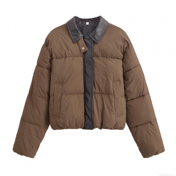 Women's Winter Puffer Jacket Polyester PU Leather Patchwork Quilted Warm Thickened Coat Daily Casual Vintage Short Outerwear For Women