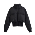 Women's Short Puffer Jacket 100% Polyester Quilted Coat With Stand Collar And Ribbed Cuffs Casual Windproof Black Outerwear For Winter Women's Short Puffer Jacket 100% Polyester Quilted Coat With Stand Collar And Ribbed Cuffs Casual Windproof Black Outerwear For Winter
