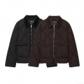 Women's Retro Diamond Quilted Jacket With Corduroy Collar Casual Long Sleeve Zip Up Puffer Coat Polyester Cotton Outerwear With Pockets For Autumn Winter