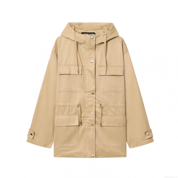 Women's Khaki Hooded Utility Jacket Casual Drawstring Waist Multi Cargo Pocket Polyester Windbreaker Coat Outwear For Spring Autumn Women Women's Khaki Hooded Utility Jacket Casual Drawstring Waist Multi Cargo Pocket Polyester Windbreaker Coat Outwear For Spring Autumn Women