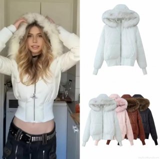 Women's Fashion Casual Short Puffer Jacket With Detachable Faux Fur Collar Hooded Shiny Cotton Padded Coat For Winter Warmth Women's Fashion Casual Short Puffer Jacket With Detachable Faux Fur Collar Hooded Shiny Cotton Padded Coat For Winter Warmth