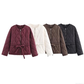 Women's Quilted Puffer Jacket 100% Polyester Round Neck With Waist Belt Casual Long Sleeve Solid Color Warm Outerwear For Women Women's Quilted Puffer Jacket 100% Polyester Round Neck With Waist Belt Casual Long Sleeve Solid Color Warm Outerwear For Women